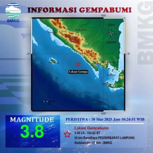 Gempa Magnitudo 3,8 Guncang Pesisir Barat Lampung