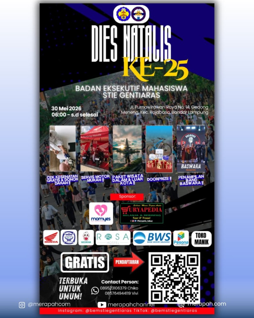 BEM STIE Gentiaras akan menggelar jalan sehat gratis pada 30 Mei 2026 di Bandar Lampung dengan berbagai kegiatan sosial, hiburan, dan doorprize menarik bagi peserta.