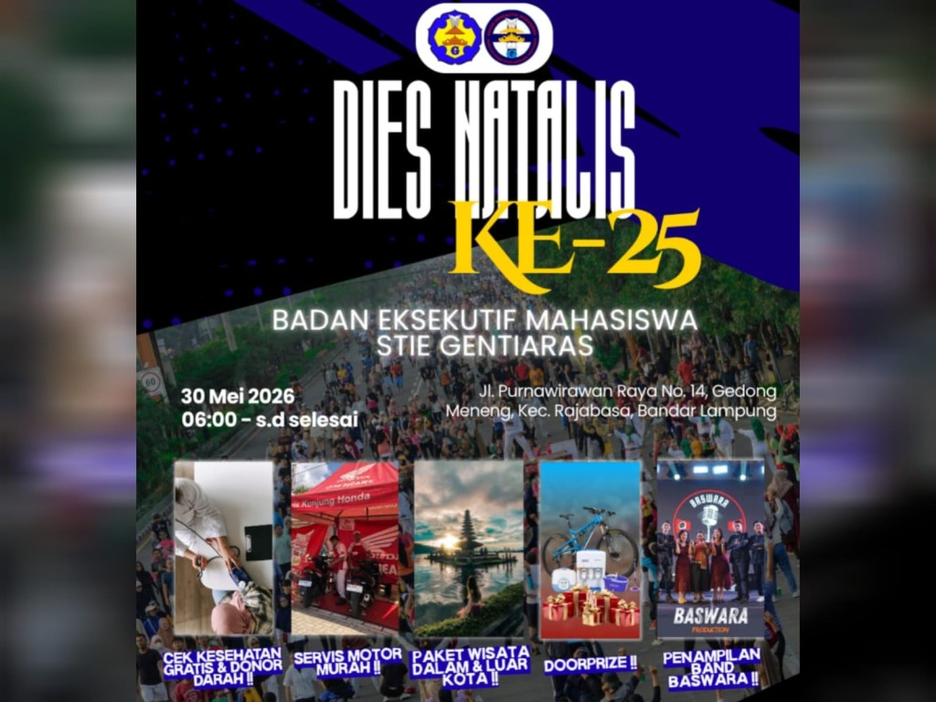 BEM STIE Gentiaras mengajak mahasiswa dan masyarakat mengikuti jalan sehat gratis bertema gaya hidup sehat dan kebersamaan dalam rangka Dies Natalis ke-25.