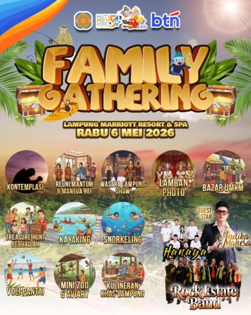 Family Gathering HUT ke-54 REI di Lampung menghadirkan beragam hiburan dan aktivitas seru, mulai dari wastra show, kayaking, snorkeling, hingga bazar UMKM dan kuliner khas Lampung.