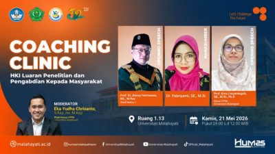 Universitas Malahayati menggelar coaching clinic HKI untuk meningkatkan pemahaman dosen dalam melindungi karya ilmiah dan inovasi penelitian.