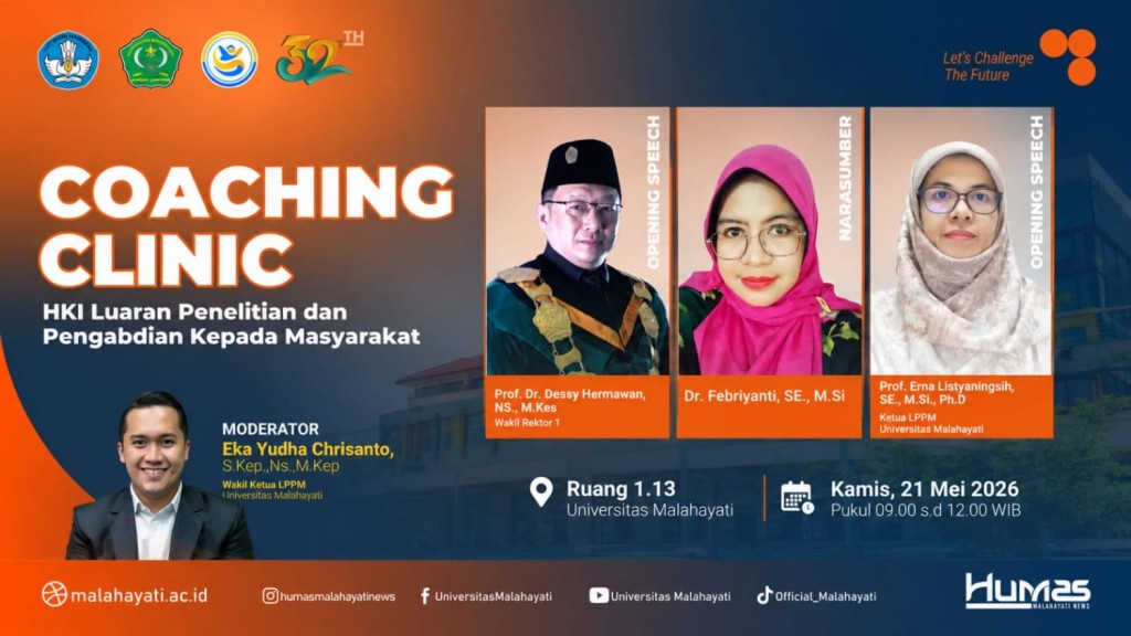 Universitas Malahayati menggelar coaching clinic HKI untuk meningkatkan pemahaman dosen dalam melindungi karya ilmiah dan inovasi penelitian.